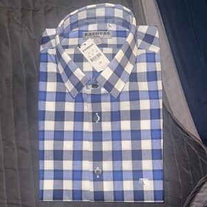 Express Men's Casual Blue and White Checkered Shirt
